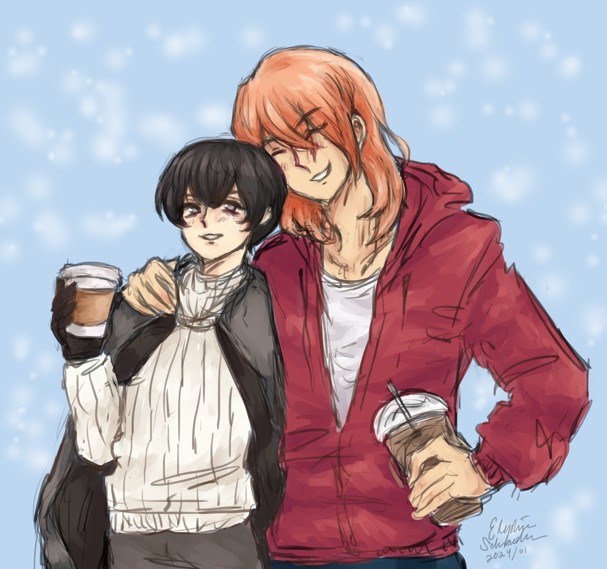 icekitsune13's tweet photo. Hello @damnse1fly happy winter! i was your gifter for the #ichuss2023😊it was fun to draw eva and issei for a ship, i hope you like it!! 💜 https://t.co/1z661djyOv