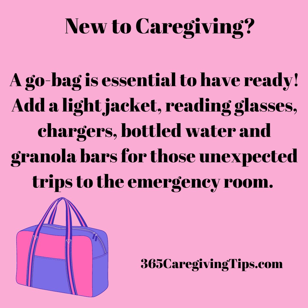 365CareTips's tweet photo. A go-bag is essential! This is a good tip for new #caregivers but also a good reminder for those who have been doing it awhile. Add a light jacket, reading glasses, chargers, bottled water and granola bars for those unexpected trips to the emergency room. https://t.co/pNrQhk9kB8
