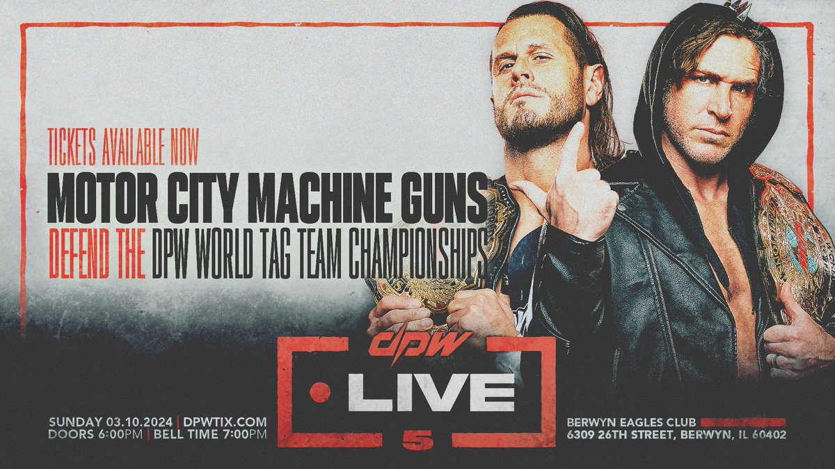 🗣 NEW DPW SHOW ANNOUNCEMENT ℹ️ DPW LIVE 5 📆 March 10, 2024 | Berwyn, IL 🎟 TIX ON SALE 02/01/24 DEADLOCK is heading to Illinois! DPW takes over the greater Chicago area for the very 1st time; World Tag Team Champions MCMG are signed to defend the belts + so much more!