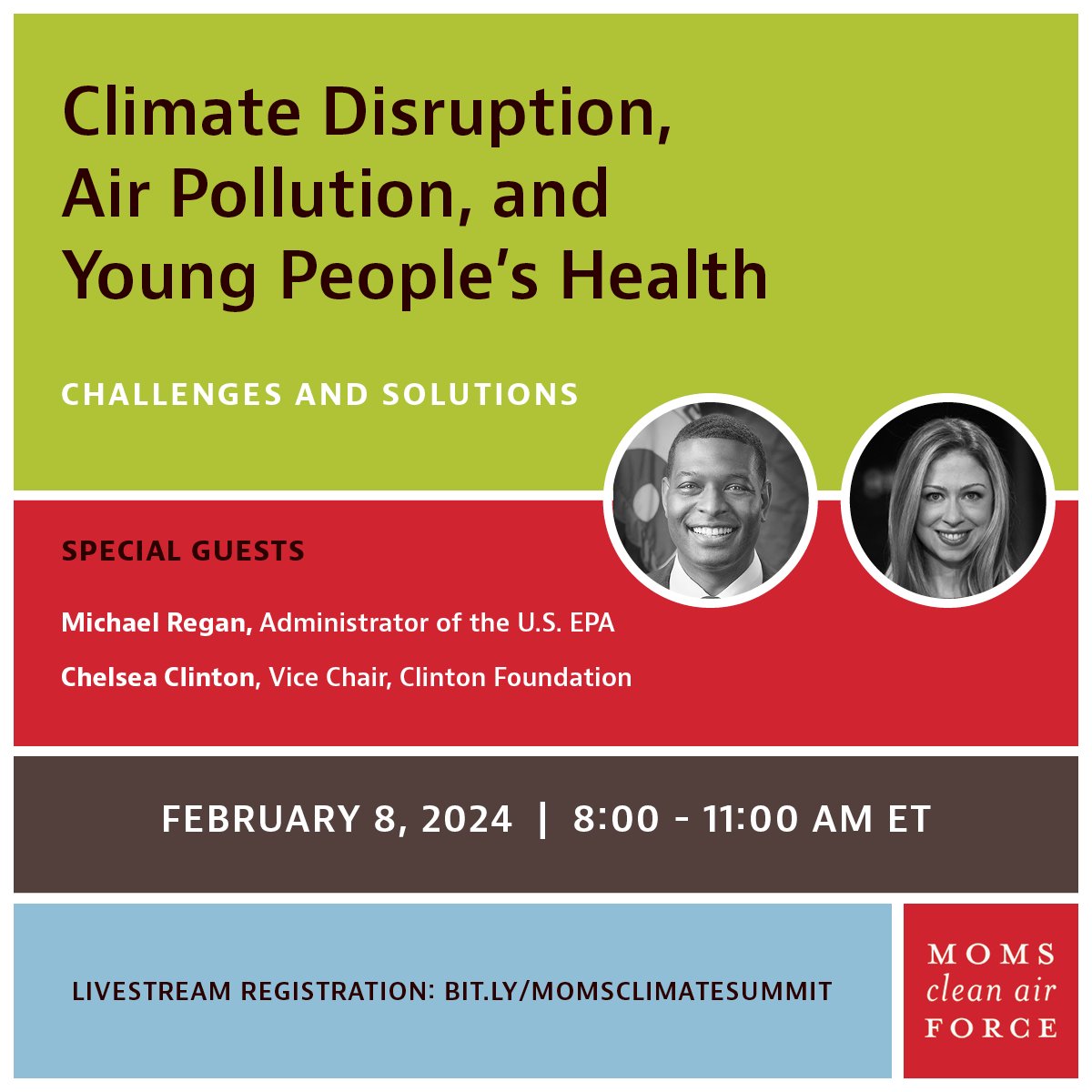 Tune into #MomsClimateSummit on February 8 to hear from leading climate and health experts about how climate disruption and air pollution impact our children's physical AND mental health. Register now for the livestream: bit.ly/momsclimatesum…