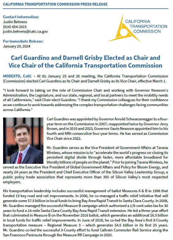 California_CTC's tweet photo. PRESS RELEASE: Carl Guardino and Darnell Grisby Elected as Chair and Vice Chair of the California Transportation Commission https://t.co/0bedQ0B1gq