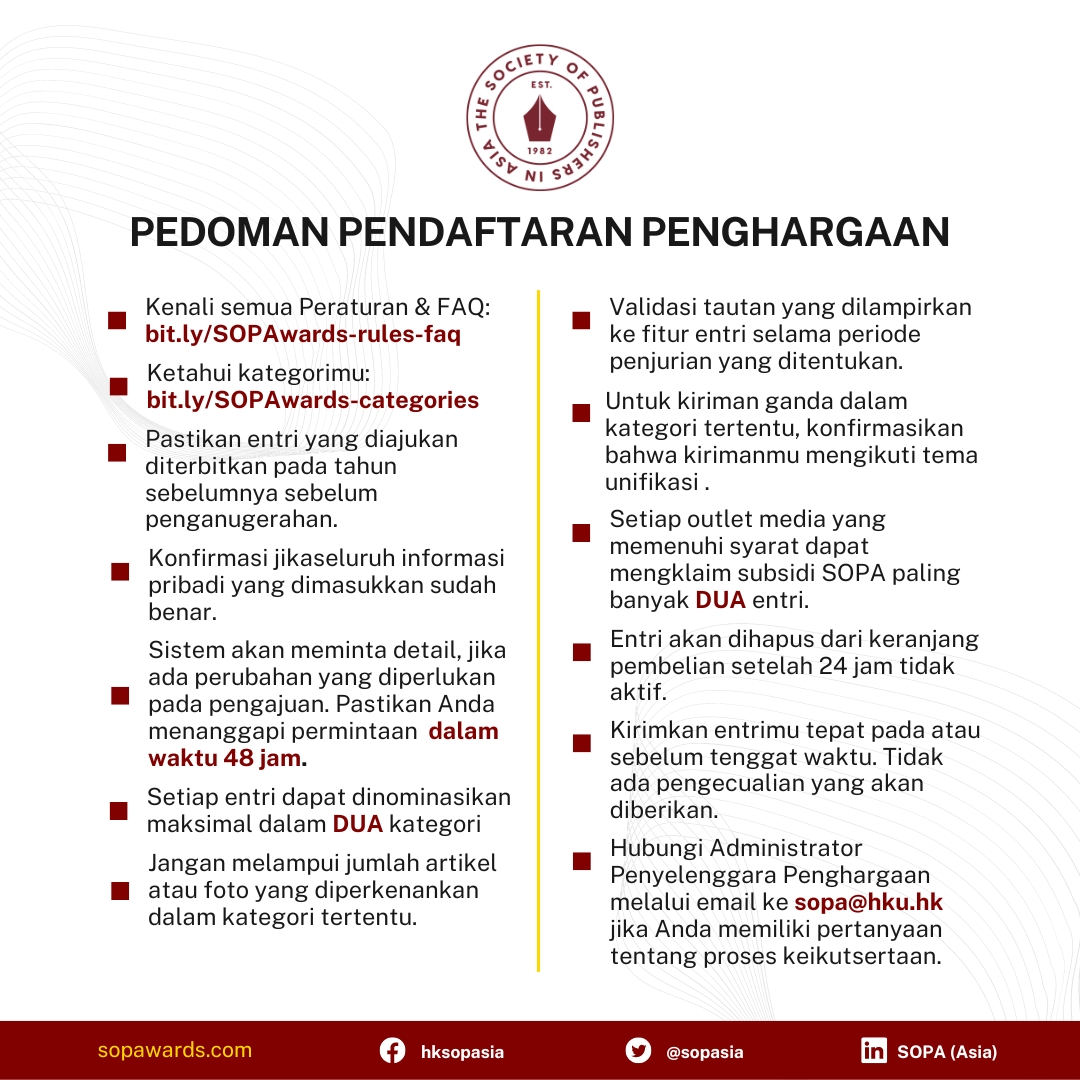 Pedoman #SOPAwards2024 | sopawards.com 📌

✅ Ketahui kategori Anda: bit.ly/SOPAwards-cate…
✅ Pastikan entri diterbitkan tahun 2023
✅ Kirim entri sebelum 22 Feb 2024, 3PM HKT

Unduh panduan ➡️ bit.ly/SOPAentryguide