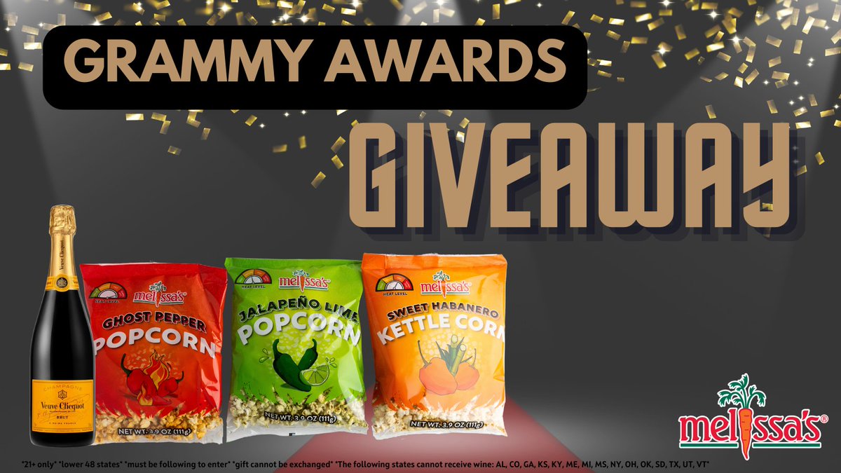 Counting down the days til the #GRAMMYs at <a href="/cryptocomarena/">Crypto.com Arena</a> 🎵 We're giving away a #MelissasProduce prize pack for your Grammys watch party 🍾🍿 To enter:

✅ Follow us, share &amp; like this post
✅ Tag a friend

*Ends 1/31 at 11:59pm PST*

#GRAMMYPremiere #GRAMMYLive <a href="/RecordingAcad/">Recording Academy / GRAMMYs</a>