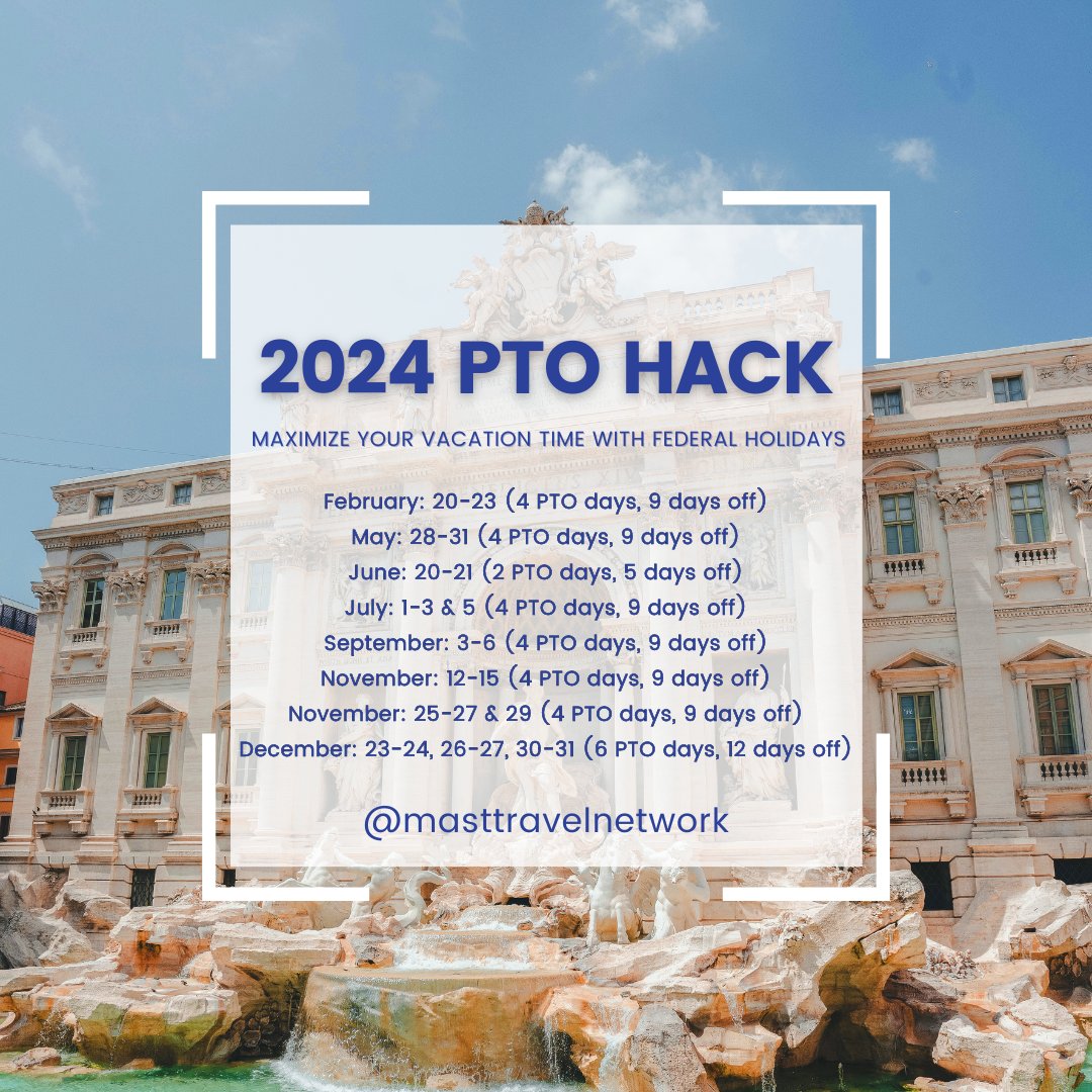 mvptravel's tweet image. This will not work for everyone, check your employer&apos;s holiday schedule and get to planning on what works for you! #PlanYourVacations #PTOhack