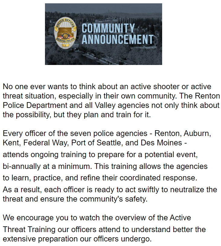 RentonpdWA's tweet image. Active Threat Training Video: youtu.be/oiUd7rz0BNU
If you&apos;d like to learn more about what you can do during a potential active threat situation, please visit dhs.gov/xlibrary/asset….
#CommunitySafety #ActiveShooterPreparedness #ProactivePolicing