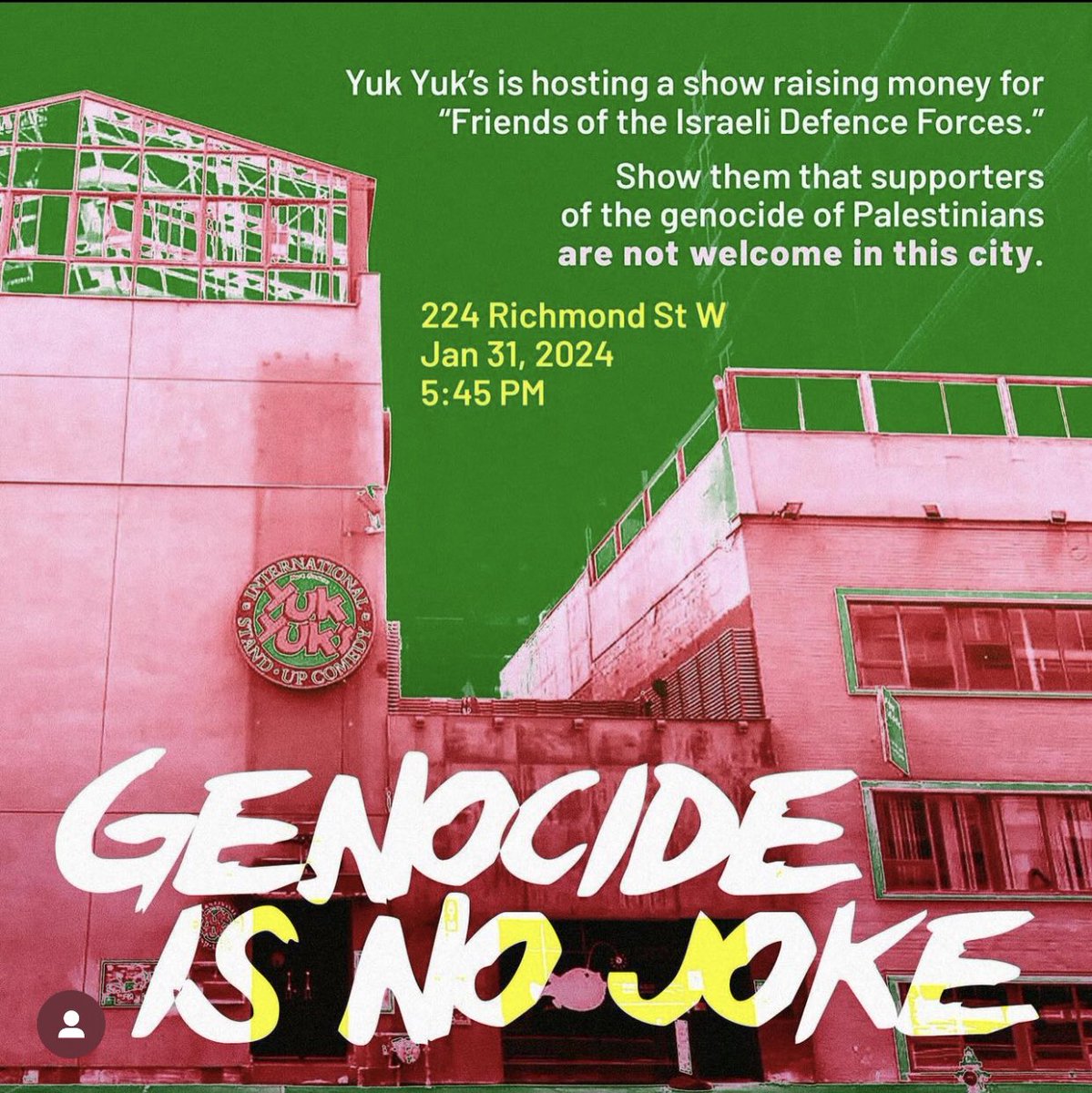 drghadasasa's tweet photo. This Wednesday, a comedy show will be hosted in Toronto to raise money for the Israeli army. Genocide is funny to some people. I feel sick. 

Please join me in protesting this disgraceful event @ 5:45 pm
224 Richmond St W. https://t.co/D0jtzNXeZL