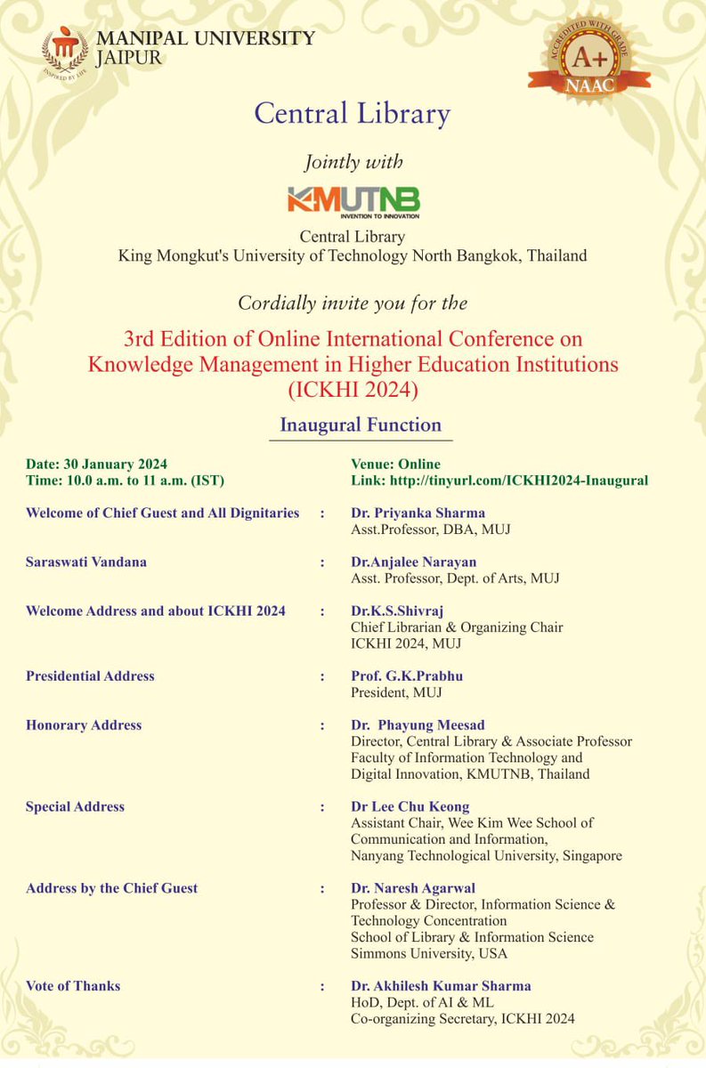 Naresh Agarwal (@nareshag) on Twitter photo Have been invited to be Chief Guest at the International Conference on #knowledgemanagement in #highereducation #institutions <a href="/manipaluniv/">Manipal University</a>, Jaipur, India and <a href="/KMUTNBofficial/">KMUTNB</a>, Bangkok, Thailand
<a href="/SimmonsUniv/">Simmons University</a> <a href="/SimmonsSLIS/">SimmonsSLIS</a> <a href="/SimmonsASIST/">ASIS&T Simmons</a> <a href="/asist_sigkm/">ASIS&T SIG-KM</a> <a href="/SIGKM/">ASIS&T SIG-KM</a> Have been invited to be Chief Guest at the International Conference on #knowledgemanagement in #highereducation #institutions <a href="/manipaluniv/">Manipal University</a>, Jaipur, India and <a href="/KMUTNBofficial/">KMUTNB</a>, Bangkok, Thailand
<a href="/SimmonsUniv/">Simmons University</a> <a href="/SimmonsSLIS/">SimmonsSLIS</a> <a href="/SimmonsASIST/">ASIS&T Simmons</a> <a href="/asist_sigkm/">ASIS&T SIG-KM</a> <a href="/SIGKM/">ASIS&T SIG-KM</a>