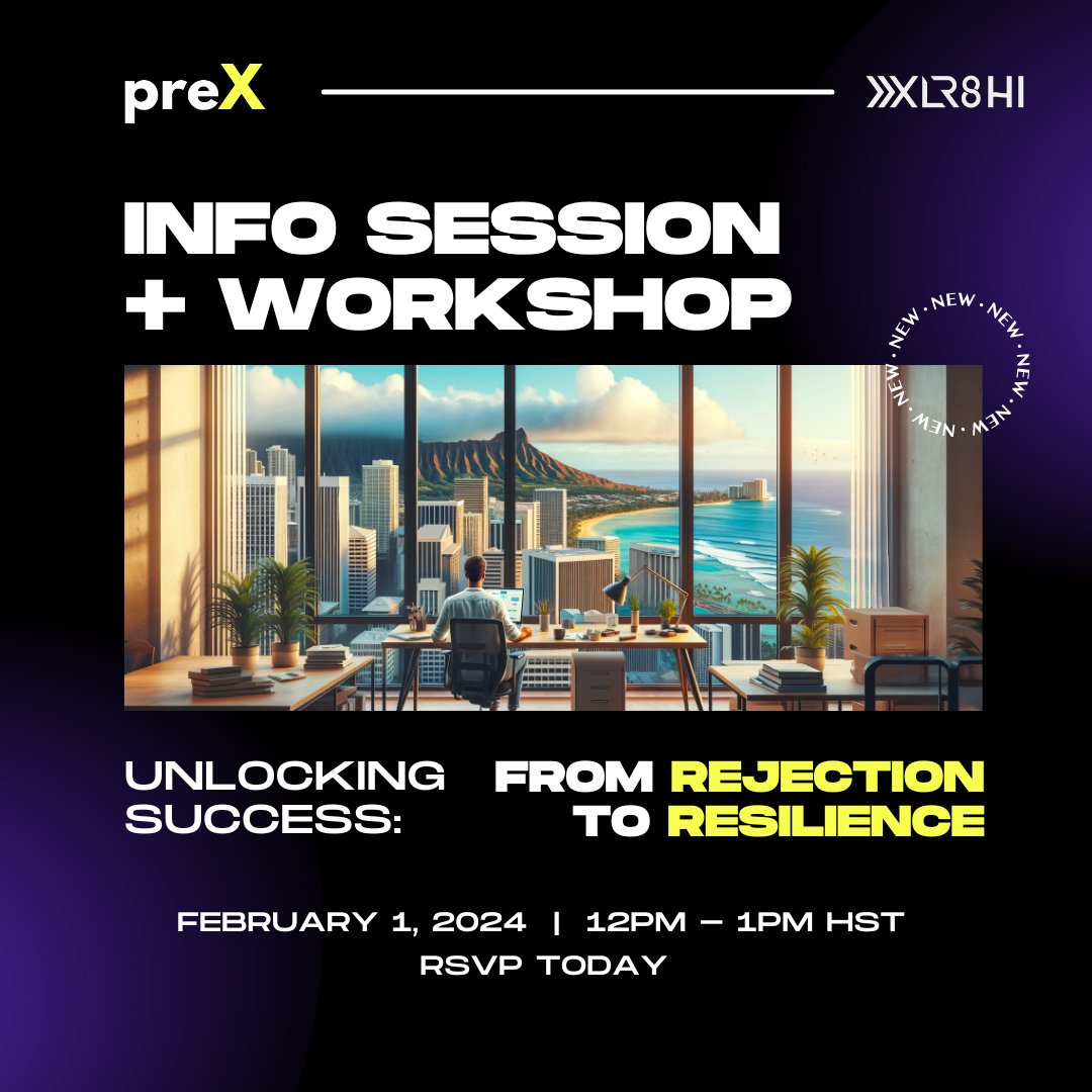 Just 4 days left to secure your spot at our virtual workshop. Gain insights on crafting successful applications for accelerator programs &amp; get a sneak peek at our upcoming preX Program. Seats are filling up fast, so reserve your spot now! 📈 

eventbrite.com/e/unlocking-su…

#Hawaii