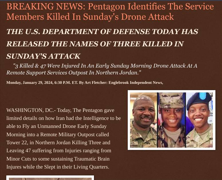 ArtFletcher9's tweet photo. Monday, January 29, 2024
#BREAKINGNEWS: @Pentagon #Identifies The #ServiceMembers #Killed In Sunday's #Drone #Attack
THE @THEUS #DEPARTMENT OF #DEFENSE #TODAY HAS #RELEASED THE #NAMES OF 3 #KILLED IN #SUNDAYSATTACK @englebrookTruth @wireless_step @HRG_Media @LodiNJNews @Breaking24_7 @Breaking911 @breaking @gator4kb18 @MichelleF_35 @TrumpWasRite @jeff76er @USATRUMPMAN1 @USATRUMPGIRL @julie_dutto @juliepatriot67 @mericanaf7 @Heather46389844 @CandaceCan88 @Y6s8D8vmnCo394k @jebreel1990 @USDOD @MagaisLife @Daytobehappy @JKash000 @janninereid1 @rebekkatruelife @ECOAlphaTango @CooperPJake @Kimberley1usa @KathyKbrose @Tampabayboo