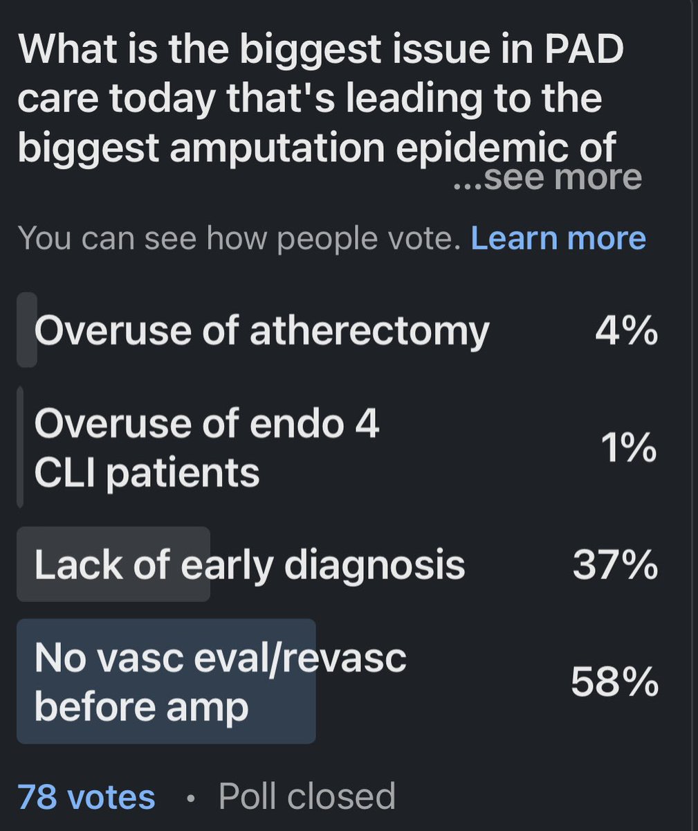 I think this poll result speaks volumes. So, where is the attention to the cases in which no vascular evaluation or attempt to restore inline flow (as per SVS guidelines) are performed before amputation?