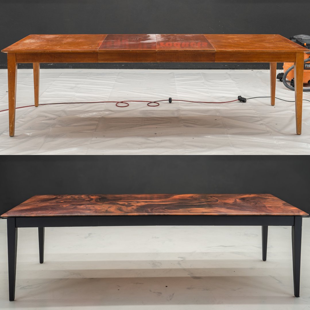 Leggari's tweet photo. Dine in style with Leggari transformations! 🍽️✨ Behold the before and after of a dining table, coated to perfection with our epoxy. Elevate your dining experience. #LeggariDining #TableGlowUp https://t.co/yG9WQJf8oZ