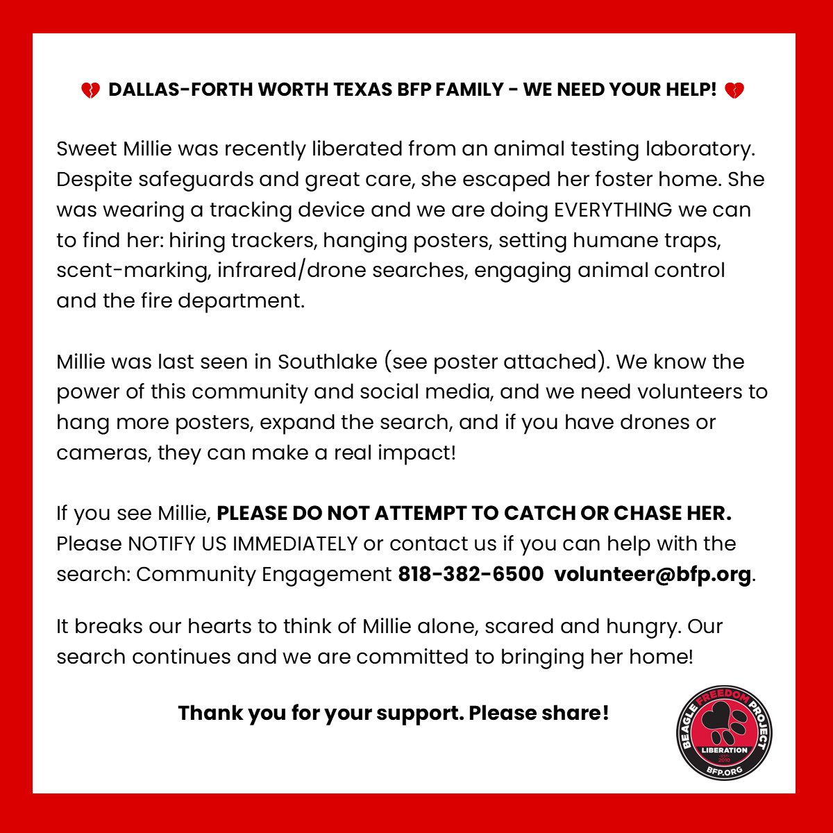beaglefreedom's tweet photo. 💔 DALLAS-FORTH WORTH TEXAS BFP FAMILY-- WE NEED YOUR HELP! 💔

Millie is missing! Please help us find her!

If you spot Millie, PLEASE DO NOT ATTEMPT TO TRAP OR CHASE HER. Please NOTIFY US IMMEDIATELY  tel:8183826500 https://t.co/9OvOwPf18l