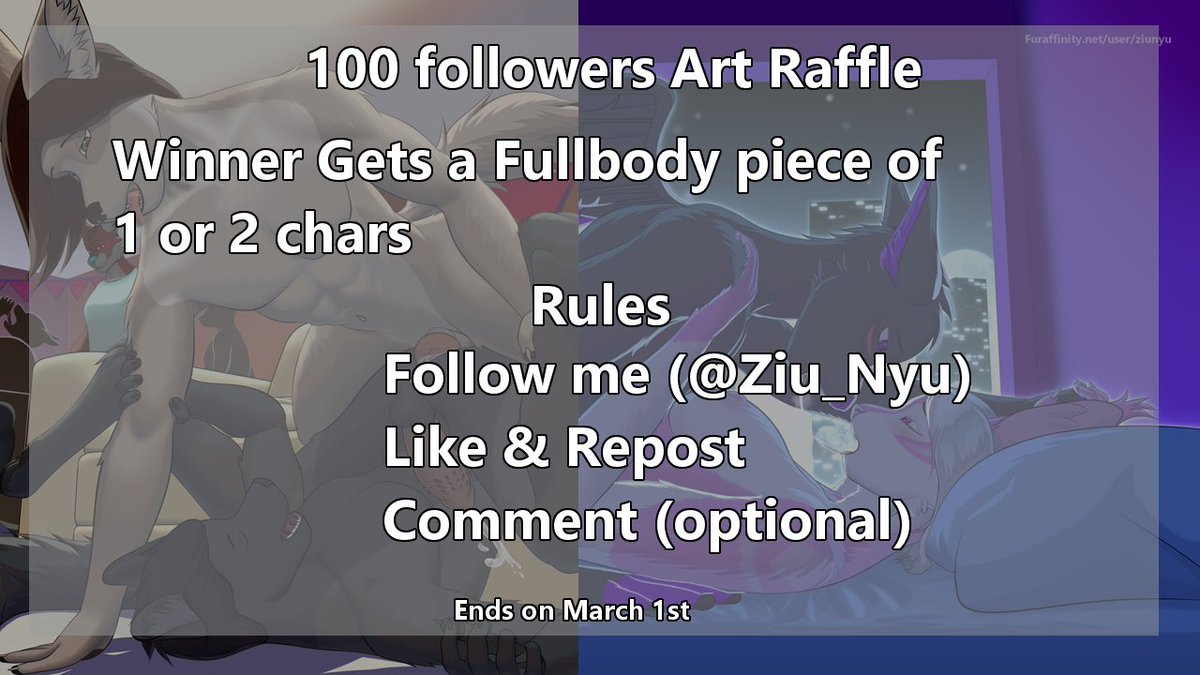 Ziu_Nyu's tweet image. It is Time people!!!!!!
Here is the raffle for the 100+ followers, I really apprecciate your support!!!

#Furry #raffle #Yiff