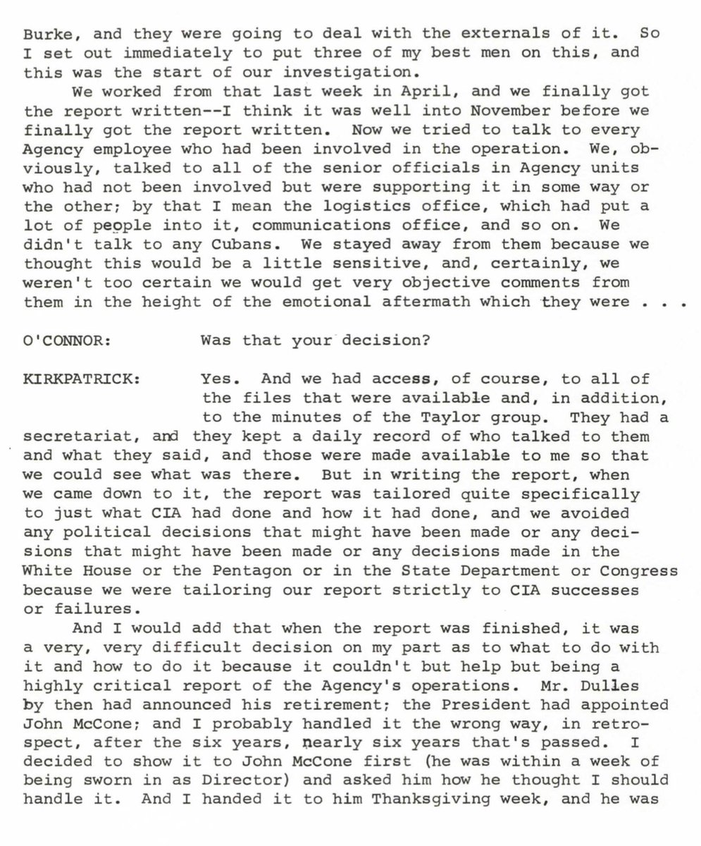 timfattig's tweet photo. This 1967 interview with the former #CIA inspector general, Lyman Kirkpatrick, discusses how the entire #BayOfPigs operation was compartmentalized, how #Helms and #Angleton steered clear of the wreckage, and internal reaction to the IG’s report on the Cuban operation. (Kirkpatrick’s report on the Bay of Pigs was written concurrently with that of General Maxwell Taylor, but Taylor was considerably more “political” in his interpretations than Kirkpatrick would be.)