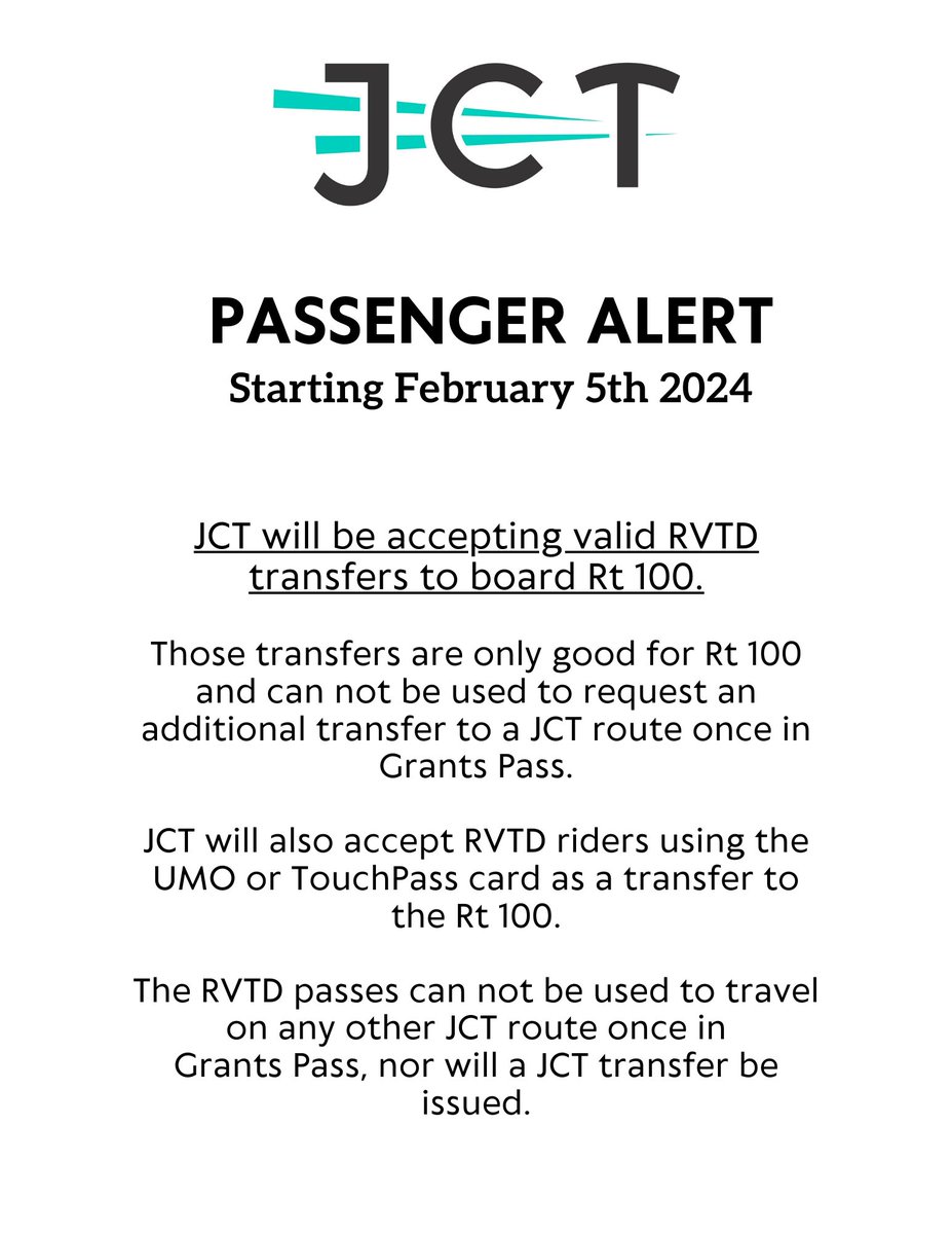 JCT_transit's tweet photo. PASSENGER ALERT - Starting February 5th 2024‼️

#jct #grantspass #oregon #medford #rvtd https://t.co/WZ8vmlLe24