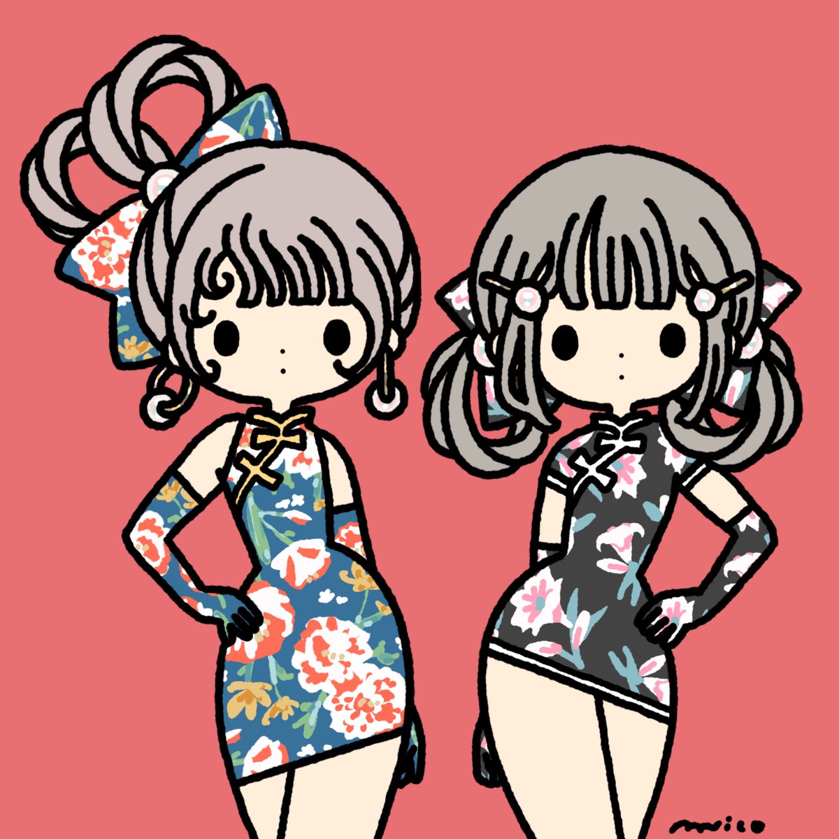 2girls dress multiple girls chinese clothes china dress gloves red background  illustration images