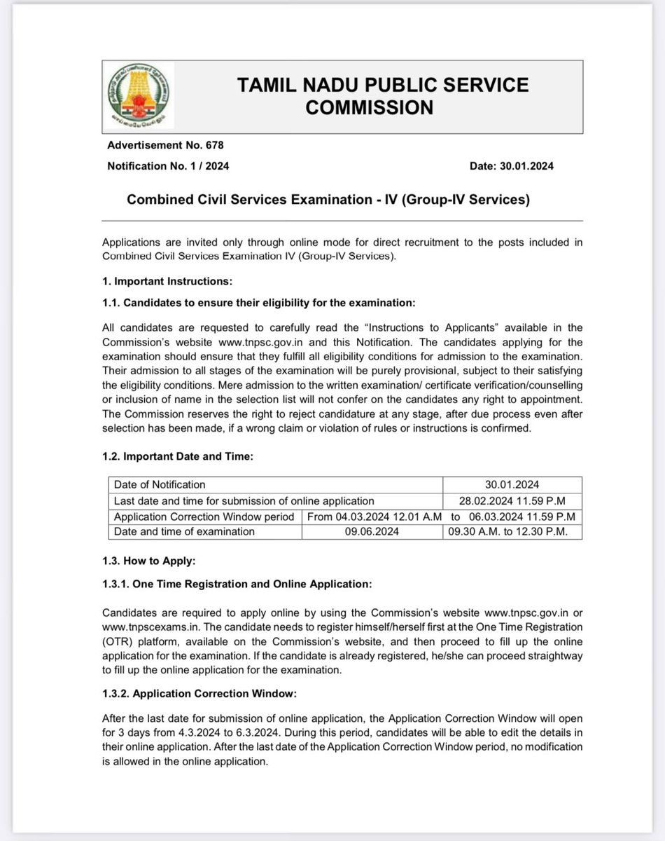 ARMTNPSC's tweet photo. #Group4Notification
Combined Civil Services Examination - IV (Group-IV Services)
Notification No.1/2024
Date of Notification: 30.01.2024
Last Date for Applying: 28.02.2024
Date of Examination: 09.06.2024
Vacancies as now: 6244
#CCSE #TNPSC #Group4 #GroupIV2024
https://t.co/HEq9DtmCjz