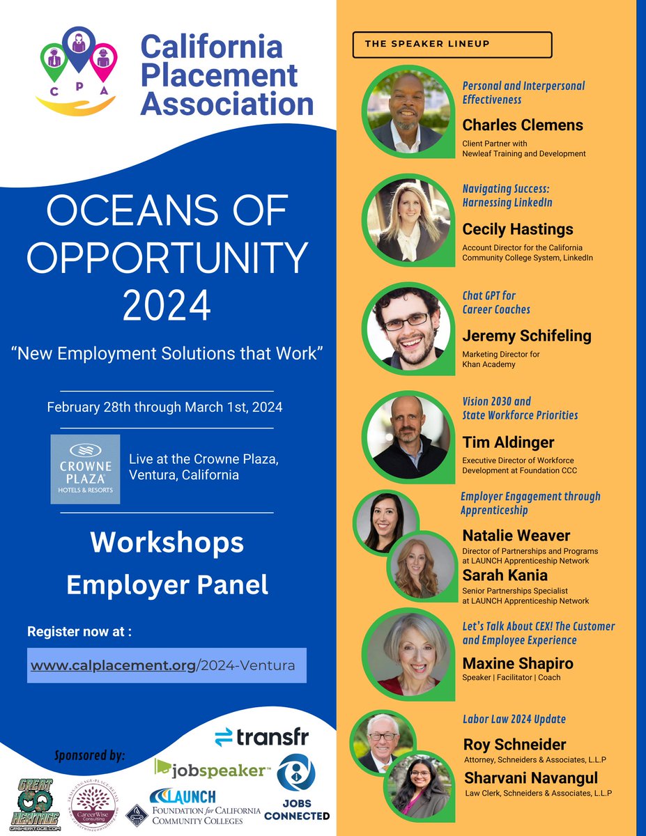 calplacement's tweet photo. Looking for a workforce development conference to attend? Early bird registration ends 2/9/24. Dynamic and informative speakers in the industry, exciting, interactive breakouts, and a beach get-away in Ventura? Yes, please - sign you and your team up here: https://t.co/q1tqZUaLfZ https://t.co/smzup0Cbyj