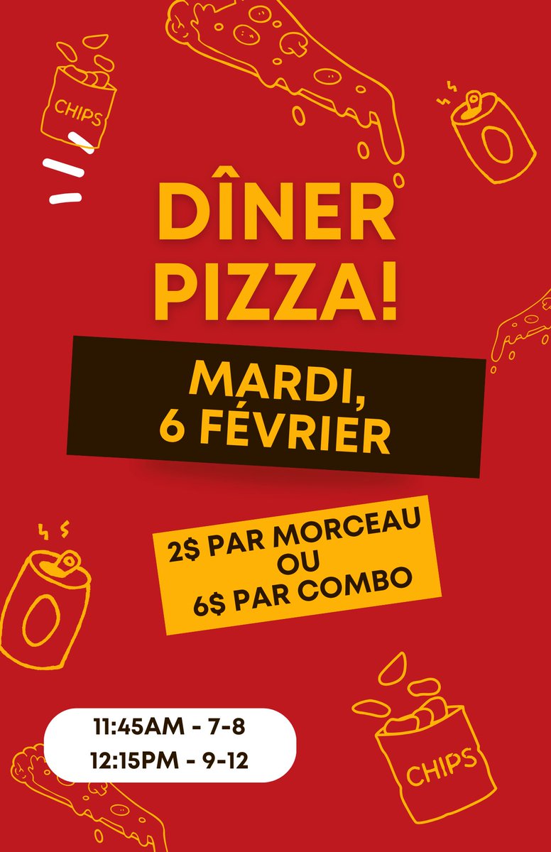 Collège Béliveau PAC (@beliveaupac) on Twitter photo The CBPAC Pizza Lunch is Tuesday, February 6th!
1 Slice - $2
Combo - $6 (2 slices, chips & drink)
All funds raised will support the College Beliveau snack program.
Parents: Check your email to complete a 30-second survey so we know how much food to order!
<a href="/cbLRSD/">Collège Béliveau</a> The CBPAC Pizza Lunch is Tuesday, February 6th!
1 Slice - $2
Combo - $6 (2 slices, chips & drink)
All funds raised will support the College Beliveau snack program.
Parents: Check your email to complete a 30-second survey so we know how much food to order!
<a href="/cbLRSD/">Collège Béliveau</a>