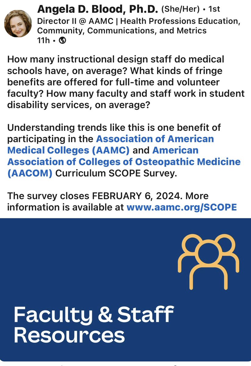 CALLING ALL STAFF! PROFESSIONALS! Here’s an opportuninity to lend your voice by participating in the <a href="/AAMCtoday/">AAMC</a>  and AACOM Curriculum SCOPE Survey. Your input makes a difference! 

REPOST via  Angela D. Blood, Ph.D. 

aamc.org/SCOPE