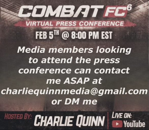 Excited to announce I will be hosting the inaugural virtual press conference for Combat FC 6 on Monday, February 5th at 8 PM EST streaming LIVE on YouTube!

This presser will feature THREE Championship matchups between UFC hopefuls🔥

Combat FC 6 has shaped up to be an incredible