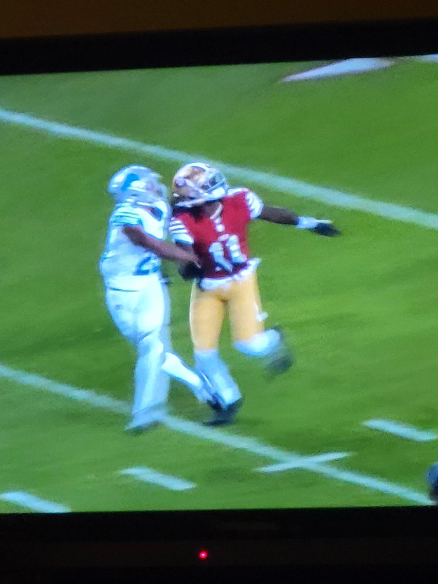 JonnyDough74's tweet photo. Pass interference...or Aiyuk catches that ball cleanly anyway. But the deflection off the facemask makes a better story. https://t.co/rMjj91C3vu