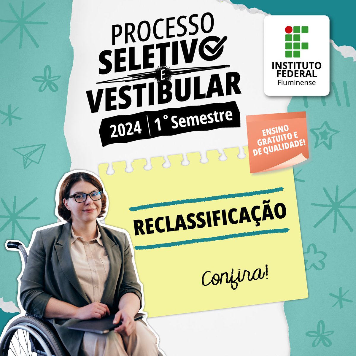 Divulgada a 1ª reclassificação do Processo Seletivo e Vestibular 2024/1.

Processo Seletivo: s.iff.edu.br/opdyd3
Vestibular: s.iff.edu.br/PH7D7S

As matrículas serão on-line, nos dias 30 e 31/01, pelo Gov.br.
As orientações para a matrícula estão no link!
