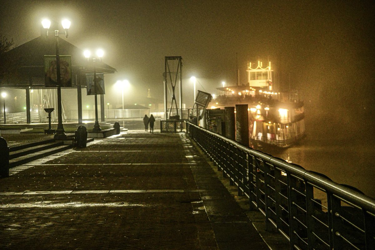 marcorasi1960's tweet photo. Foggy night on the Mississippi, Woldenberg Park, New Orleans https://t.co/0pPWusncJO