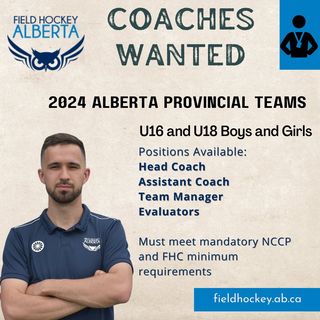 FHalberta's tweet image. CALL FOR COACHES!

Field Hockey Alberta is on the hunt for passionate coaches to lead our Provincial Teams! If you have what it takes to elevate the game, we want YOU!

Ready to take on the challenge? Click the link in our bio or visit our website for more information.