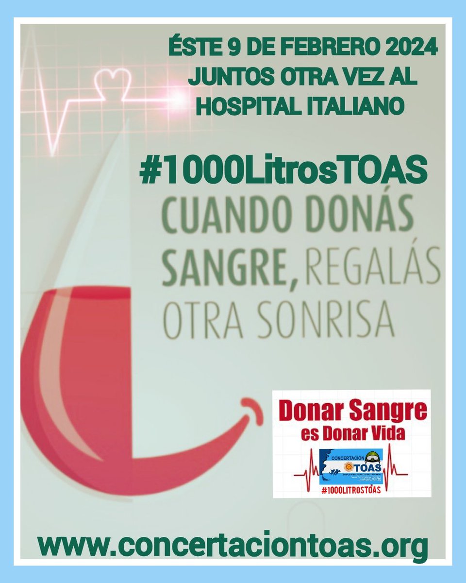 Éste 9 de Febrero te esperamos en el <a href="/hta_italiano/">HTA_Hospitalitaliano</a> junto a donantes del Teatro de Operaciones del Atlántico Sur , podés reservar tu turno ❤️🇦🇷🩸💉🆎🅱️  #DonaSangre #Donavida concertaciontoas.org <a href="/DiputadosAR/">Diputados Argentina</a> <a href="/SenadoArgentina/">Senado Argentina</a> <a href="/ConcertaTOAS/">ConcertaciónT.O.A.S</a> #NoTodoPasoEnMalvinas