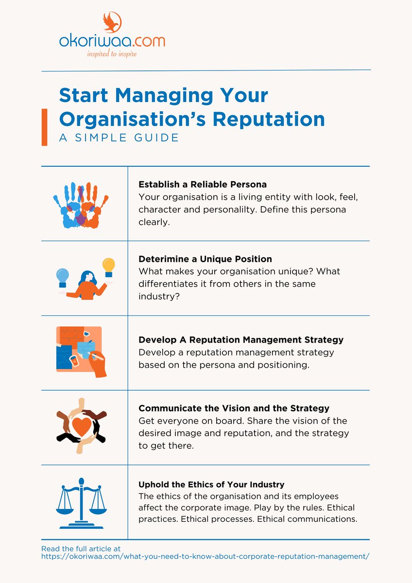 TheOkoriwaa's tweet photo. Corporate reputation affects the financial and social success of businesses/organisations. Here's a simple guide to start the process of actively managing corporate reputation. #corporatereputation #PublicRelations https://t.co/Pl8OA1GCkK