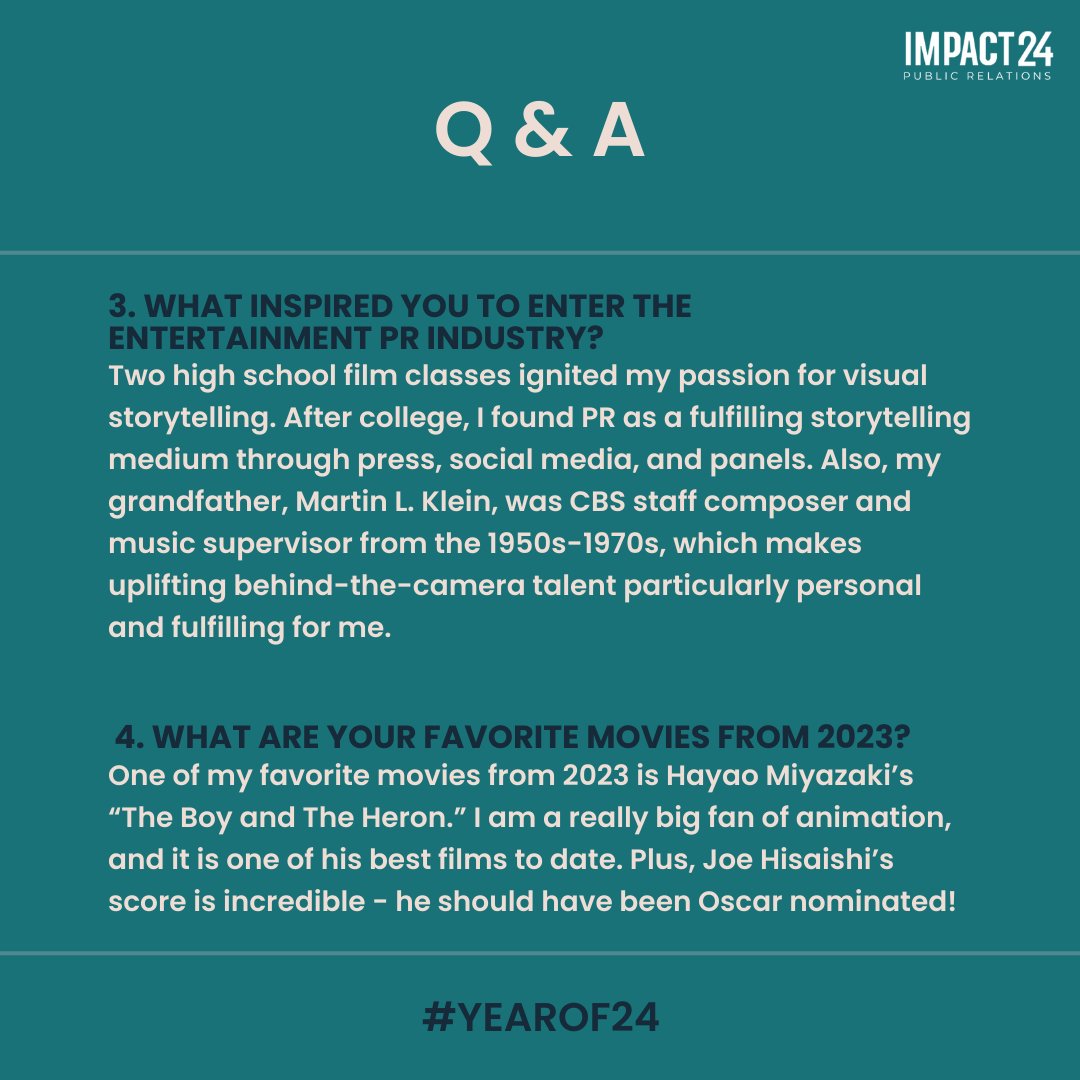 Our first team spotlight is on our Director of Publicity <a href="/ascohenPR/">Andrew Seth Cohen</a>! Learn more about Andrew, including his career highlights, his love for PR and entertainment, and more by scrolling through!

To get in touch with Andrew, please email him at andrew@impact24pr.com.

#Yearof24