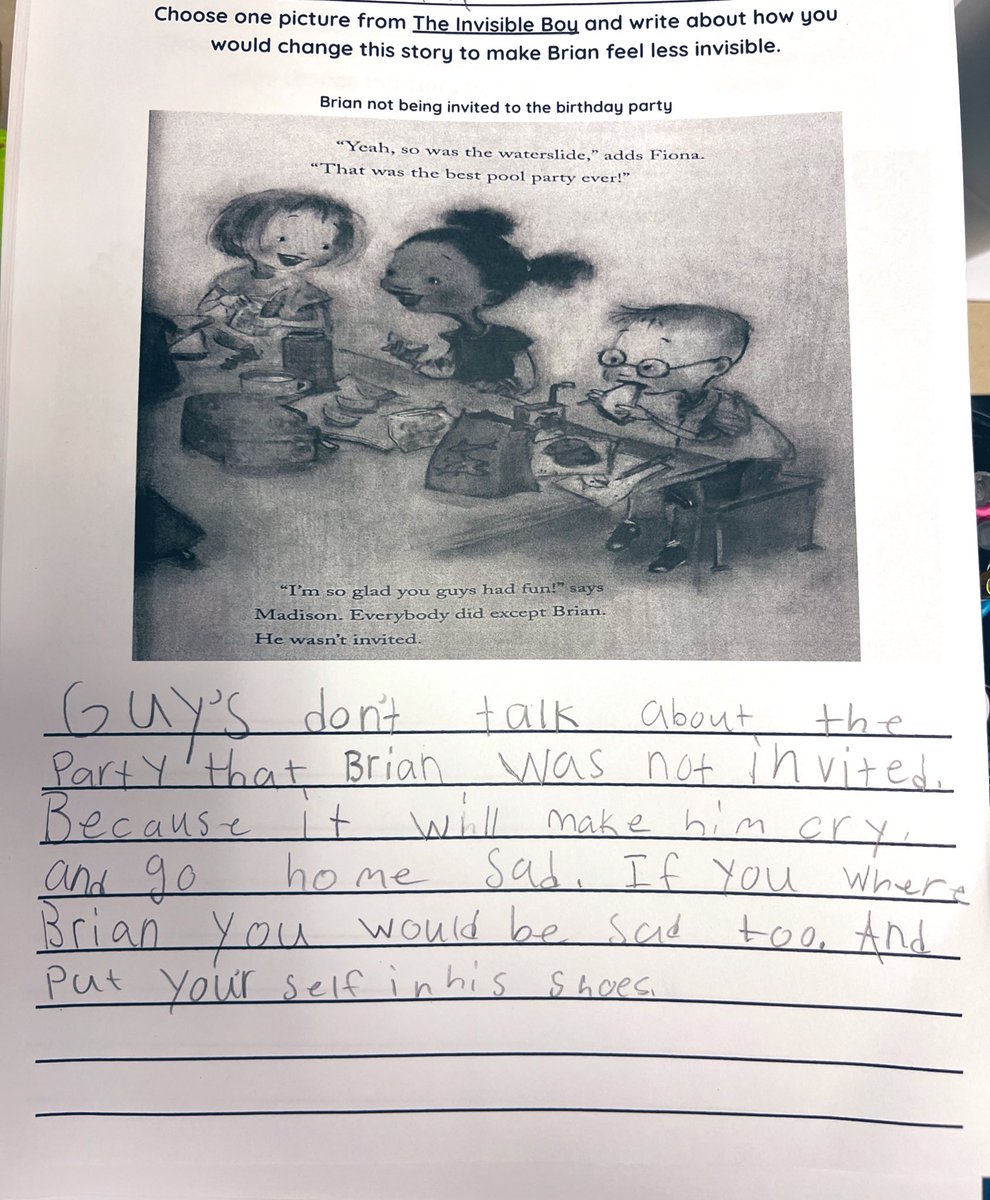 These students did an amazing job showing empathy to Brian, the character in the story, “The Invisible Boy.” Students rewrote the story to help make Brian feel less invisible! 🩶 #Empathy