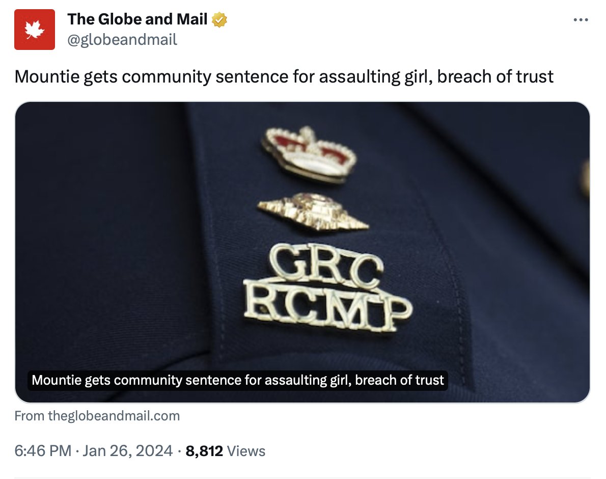 rupasubramanya's tweet photo. Two recent stories raise serious questions about Canada's justice system, a subject of which I've written about for @TheFP  .

First, is about a Muslim ex RCMP officer who sexually assaulted a 16 year old three years ago.  Her family seemed to have allowed the relationship perhaps in the hopes that they would get married. He was 27, she was 16.  Is Sharia law taking root in Canada even though it's illegal according to our criminal code? No matter, the officer's only punishment is house arrest for nine months and community service.  

Second, is about an Indian origin man involved with people smuggling, and the death in January 2022 of a family of four Indians in the freezing cold on the Manitoba US border. He's is now living a normal life in the suburbs of Toronto. And the RCMP have not arrested him. 

Meanwhile, four white men are languishing in a prison cell in Alberta for more than 700 days with no bail which is unprecedented even despite the charges they face which have not been substantiated by the Crown. They were part of the border blockades  during the Freedom Convoy protests in February 2022. 

Something is seriously messed up in our criminal justice system in Canada. It's only going to fuel the suspicion that minorities get a special deal which is appalling as it'll only fan the flames of anti-immigrant sentiment, and all of us who came as immigrants will face the backlash. Having said that, this is working according to script for Trudeau.
