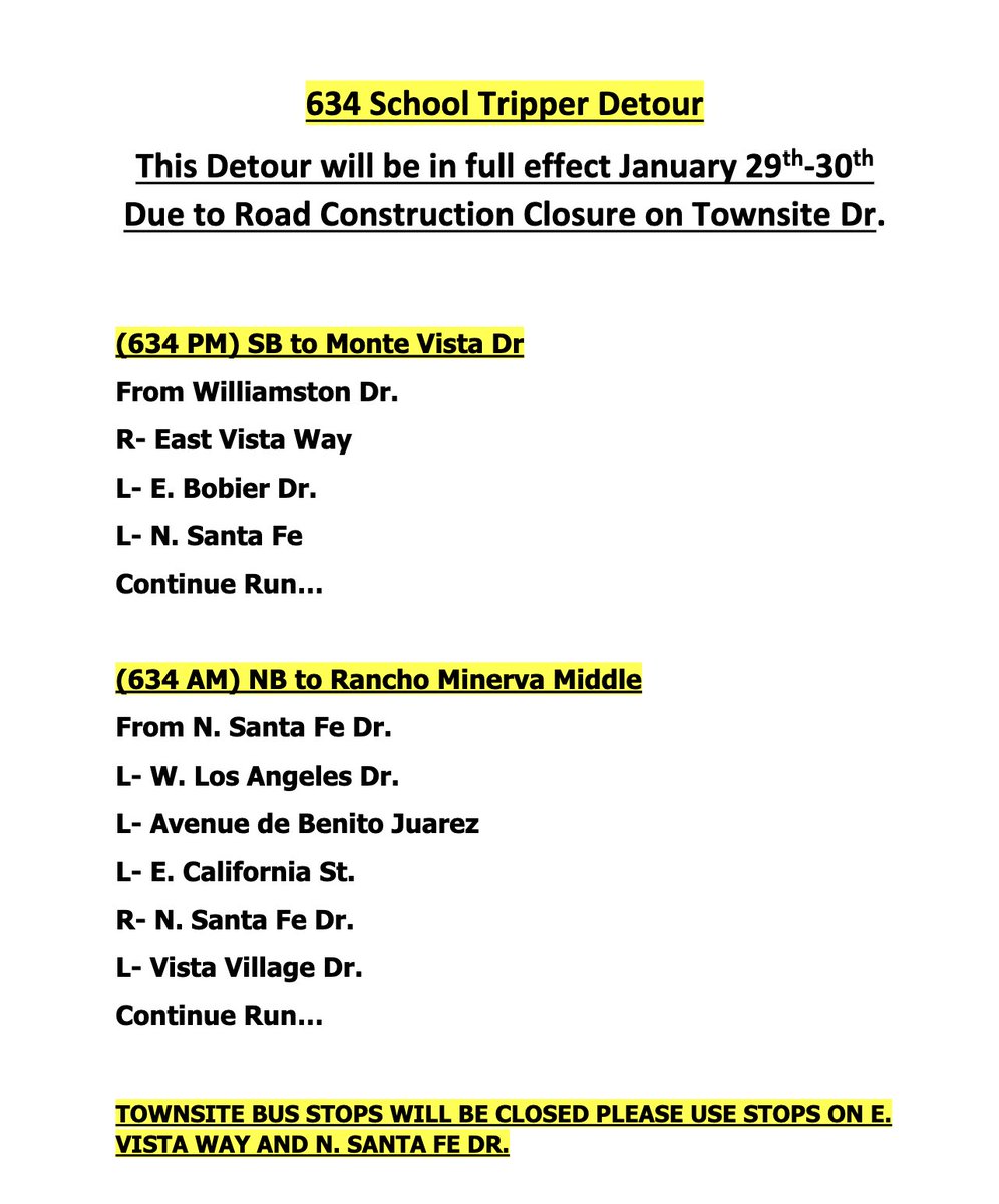 Heads up... there's a detour on NCTD Route 634 on Tuesday, 1/30.  Make sure you don't miss the bus!