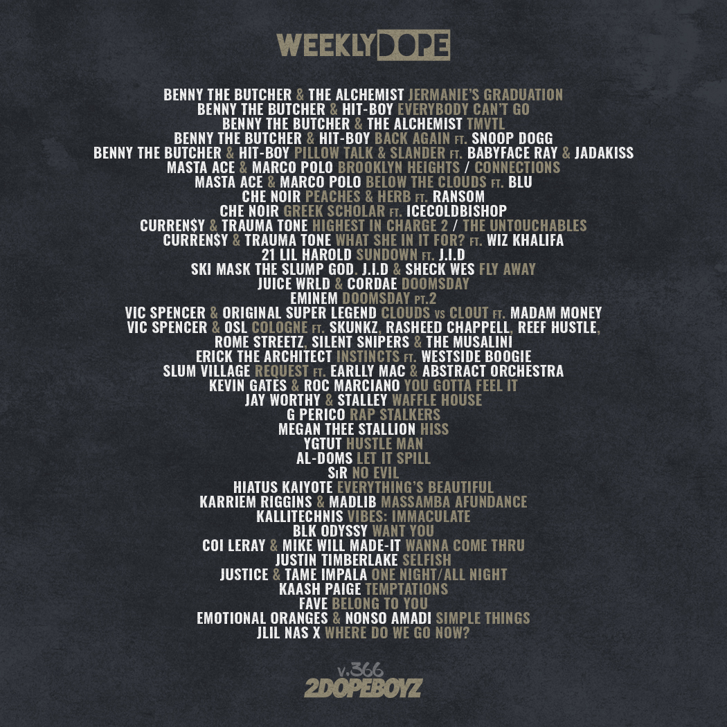 2DopeBoyz's tweet photo. Our #WeeklyDope playlist has been updated with new music from @BennyBsf, @MastaAce + @marcopolobeats, @CurrenSy_Spitta, @inglewoodSiR, @che_noir, @HiatusKaiyote, and more.

Press play: https://t.co/6abEbDWmh6 https://t.co/AEHcQb1Rdk