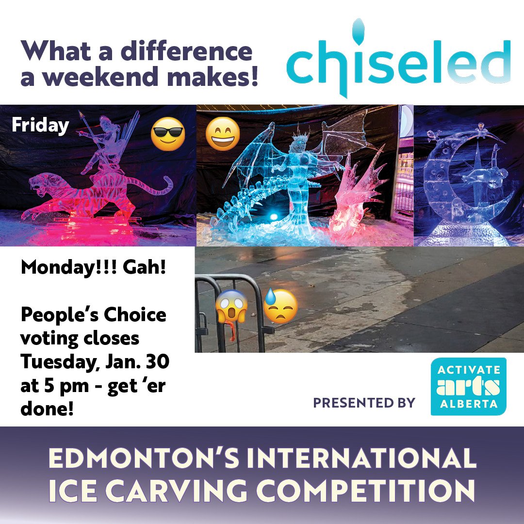 The ice sculptures are gone with this wave of warm weather. You can still vote for your favourite for People's Choice Award at iceonwhyte.ca/?page_id=1820 until tomorrow Jan 30 at 5pm!