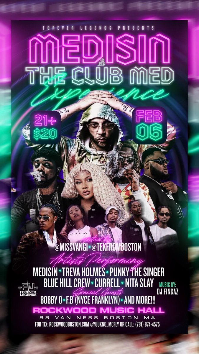 Tuesday Feb. 6th pull up!! 

🎟️: tinyurl.com/ClubMedExperie…

@PUNKYTHESINGER <a href="/trevaholmes_/">trevaholmes</a> <a href="/BOBBYO_US/">BOBBYO</a> <a href="/NyceFranklyn/">5A Frankie BayB</a>  + more

#TeamRetweet