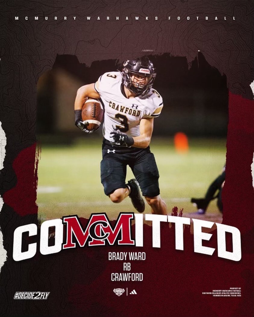 bradyward06's tweet photo. I’m very blessed to announce my commitment to continue my academic and athletic career at McMurry University. I would like to thank God, my family, friends, and all of my coaches who have helped me get to this point. Go WarHawks! https://t.co/HwRHDZKiJq