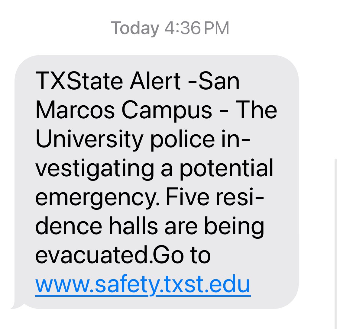Five @txst residence halls are being evacuated out of an abundance of caution. Please leave College Inn, Jackson, Butler, Derrick, and Tower if you are there. Please stay away from those locations if you are not there. @alkeklibrary, @lbjsc, and our dining halls are open.🐾🚨