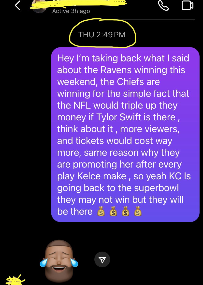 AmedesJr's tweet photo. I sent this msg to a friend 3 days prior the CK vs Ravens’ game , and this just came out today about Taylor. #nfl #TaylorSwift13 #KansasCityChiefs #LFG https://t.co/yKy5IbntCX