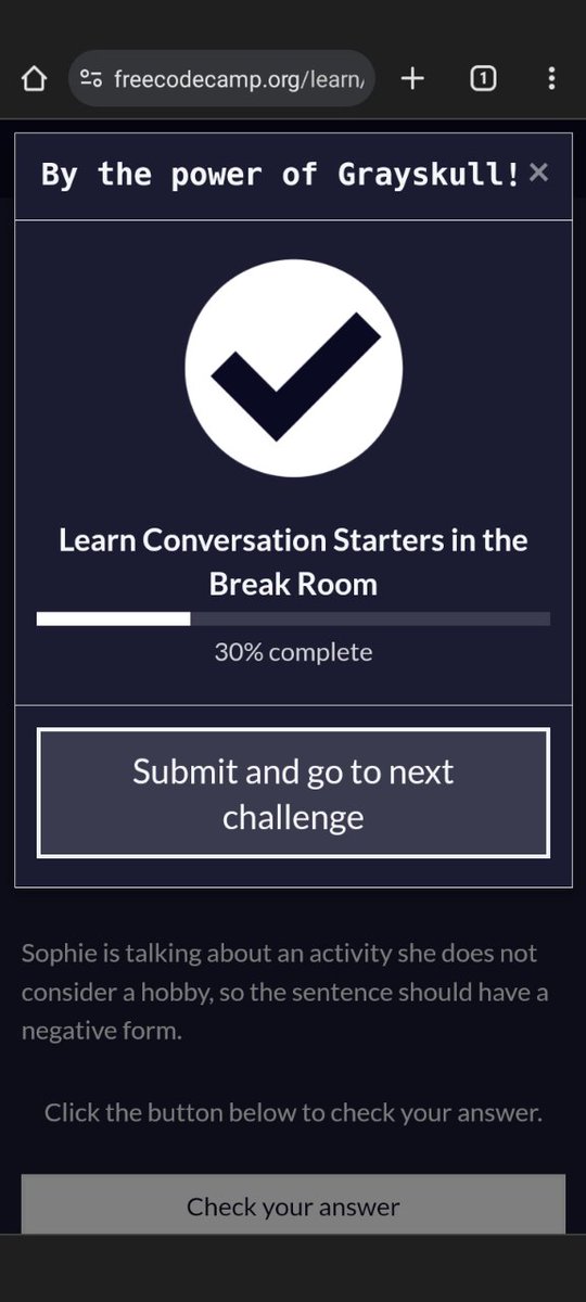 SUMERMULLEN's tweet photo. R3 D33 #100DaysOfCode continued with he A2 English for Developers course continuing with conversations starters in the break room
@freeCodeCamp
✅ practiced  going back to a topic
, Making 9% progress https://t.co/Hcy1hlFztv
