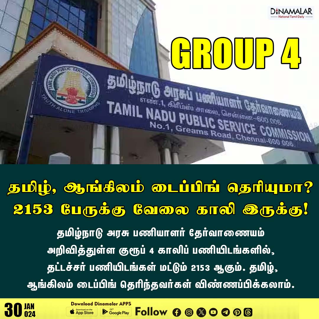 dinamalarweb's tweet photo. தமிழ், ஆங்கிலம் டைப்பிங் தெரியுமா?
2153 பேருக்கு வேலை காலி இருக்கு!
#tnpsc | #tnpscnotification | #tnpsc_group4 | #tnpsc_vaccancy | #tnpsc_update | #group4_exam 
https://t.co/y4W3uzOWeZ https://t.co/CyppBEwPFt
