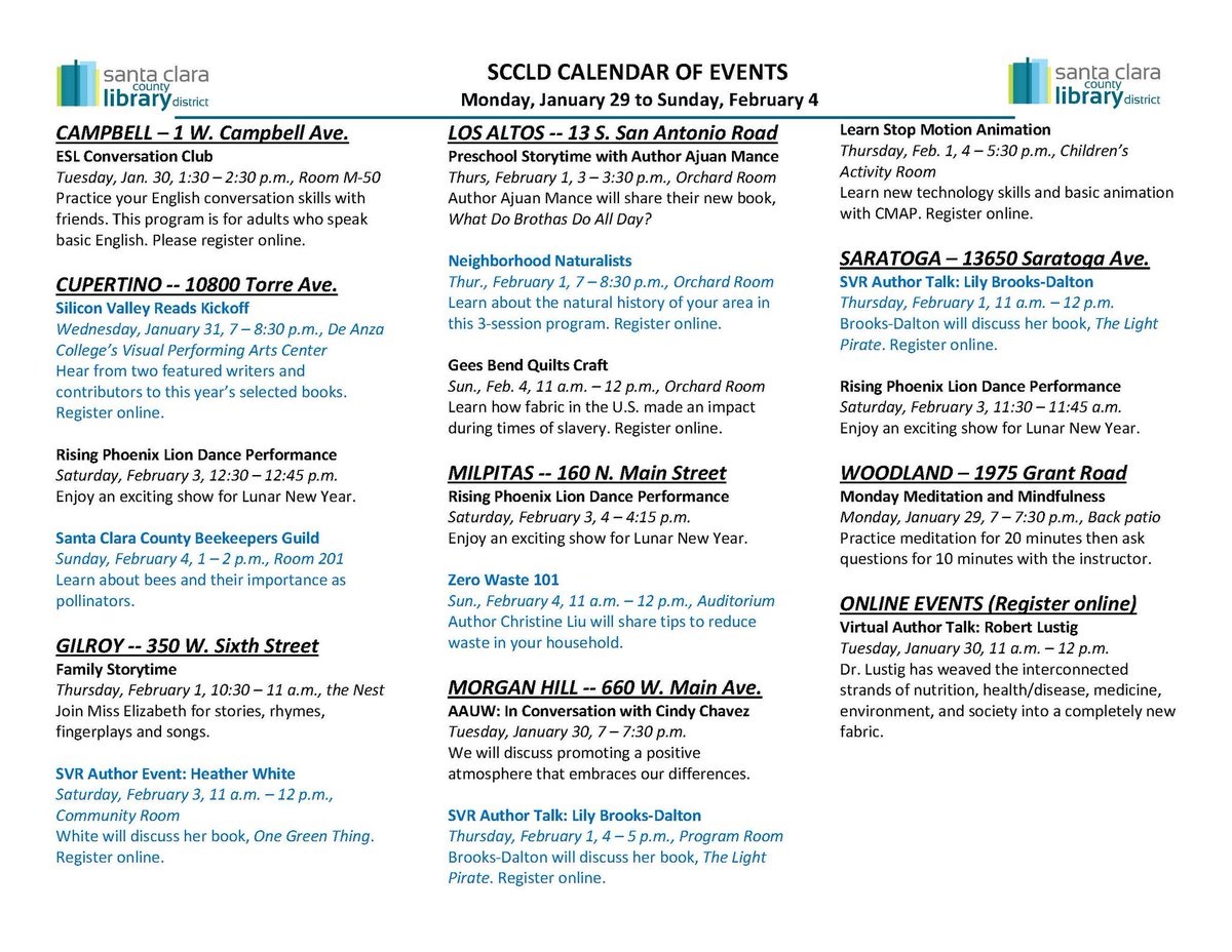 We have an exciting week ahead at SCCLD libraries with programs around Silicon Valley Reads (highlighted in blue), and celebrating Black History Month and Lunar New Year. This is just a small sample of our FREE programs. Check out the full calendar at sccld.org/events/