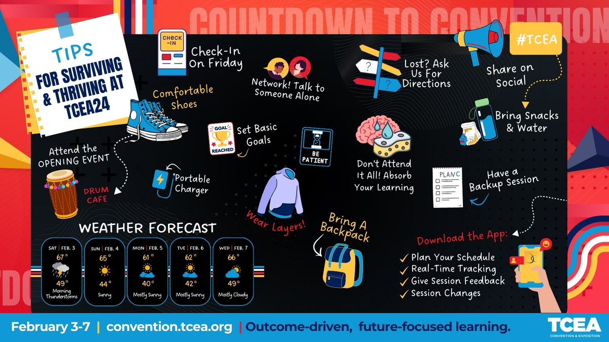 Coming to #TCEA on Saturday? Here are some HELPFUL TIPS to consider when packing and planning for #TCEA24👇 ❓What else would you add? convention.tcea.org