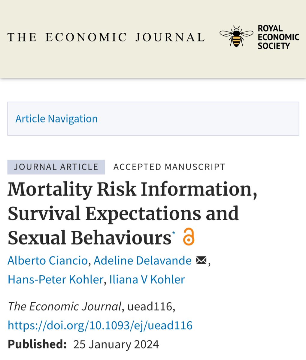 Does providing information on mortality risks translate into less risky sex? That’s what we find in Malawi. 
Our latest article explores the impact and emphasizes the need for expectations data to understand behavioral change pathways. doi.org/10.1093/ej/uea…