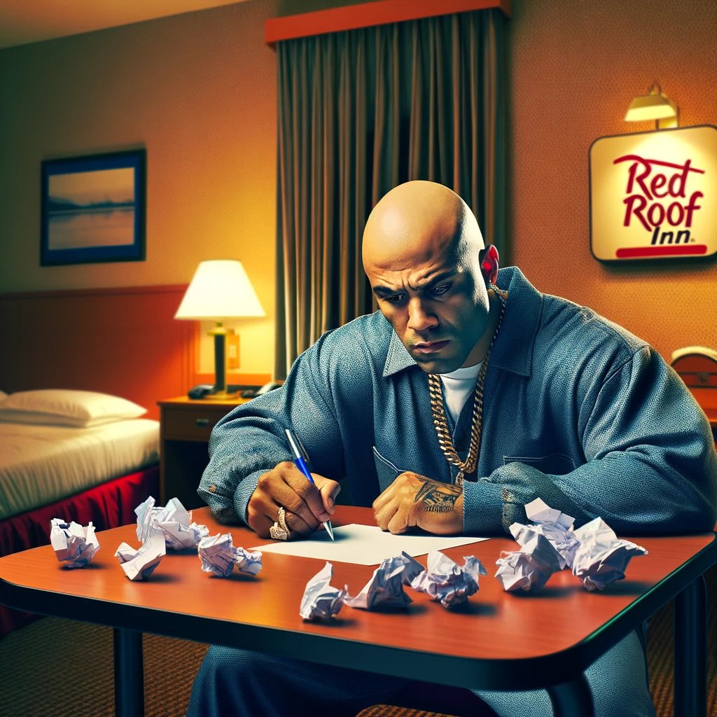 BenInTheWild_'s tweet photo. DALL-E generated illustration of #Benzino writing his diss rap “Vulturius” in response to @Eminem’s rap on Doomsday Pt. 2.

I tried to prompt DALL-E to shrink his neck but that kept resulting in a content policy notice.

#eminem #vulturius #doomsday #rapdiss https://t.co/GgvlUizwaC
