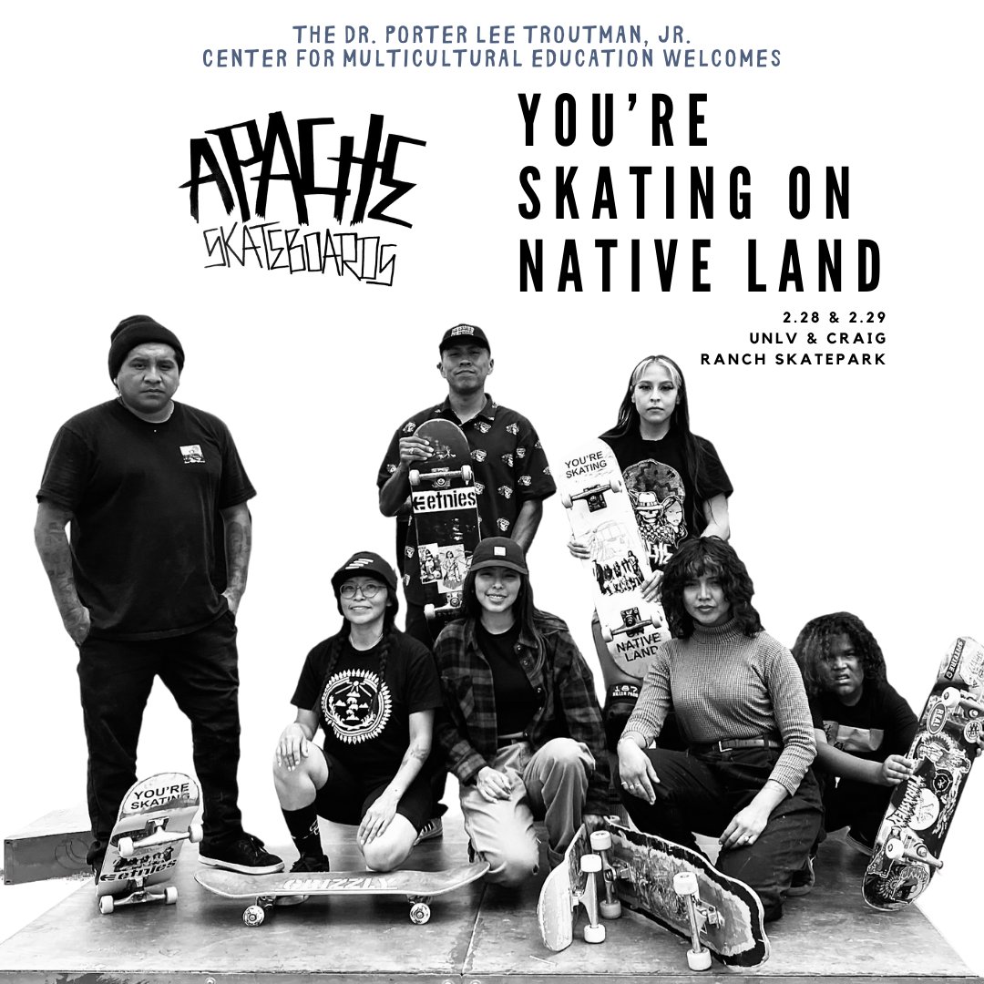 UNLVcme's tweet photo. Join the Dr. Porter Lee Troutman, Jr. Center for Multicultural Education as we welcome Apache Skateboards for Affirming Youth of Color in Educational and Community Spaces through Skate Pedagogy; a two-day event featuring @apachesk8boards!

To Register: https://t.co/PQLAHA8DqW https://t.co/bCrMi7pASn