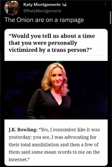ConradkBarwa's tweet photo. The Onion absolutely destroying JK Rowling 😭😭😭 https://t.co/OQeXfm78N3