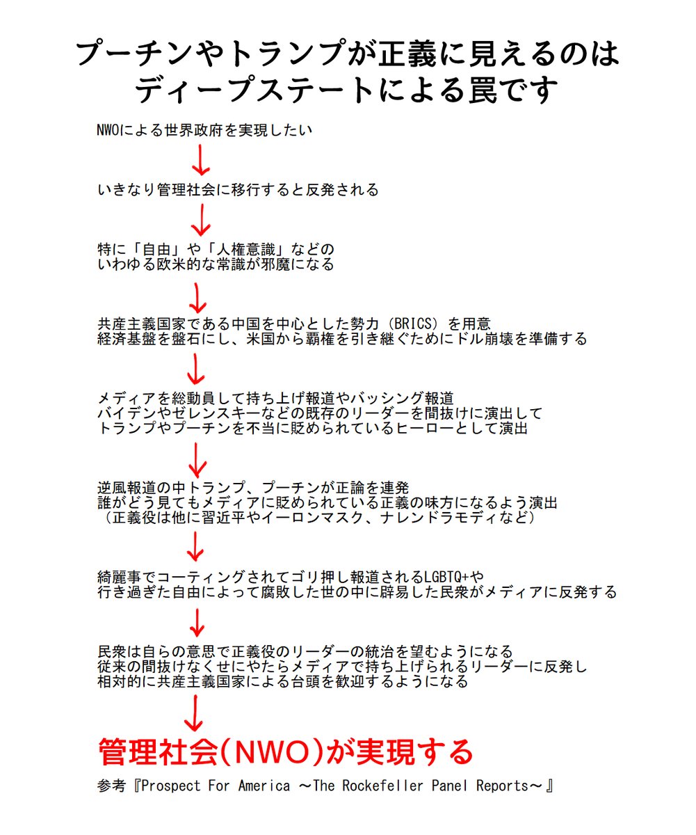 men_to10's tweet photo. プーチン大統領の信者は多いですが、彼もロックフェラーやロスチャイルドといったイルミナティと密月関係にあります。

それに今の世界の流れは半世紀以上前にロックフェラーが立てた計画の通りに進んでいます。

参考文献（ロックフェラーの展望書）⤵
https://t.co/zNxQcsEELL https://t.co/UOQt3GlWvY